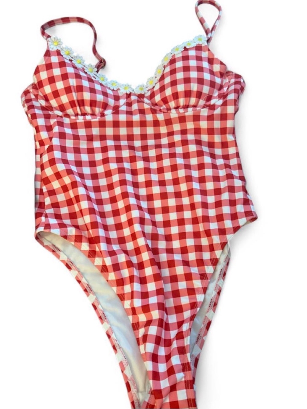 No Boundaries Red and White Gingham One-Piece Swimsuit with Daisy Trim